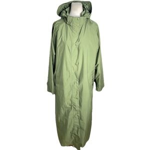 L.L. Bean  Olive Green Hooded Zip Front Rain Jacket Trench Coat  Wool Lined XL P